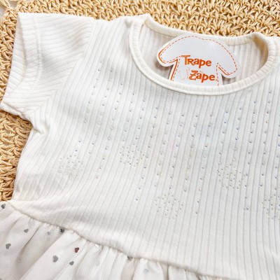  Vestido Manga Curta com Tule de Corações - Off White 